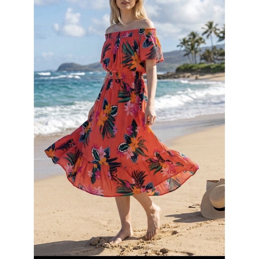Old Navy Off Shoulder Floral Midi Dress L Coral Bold Tropical Resortwear Cruise